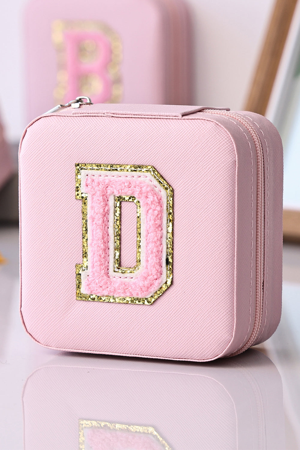 Pink Chenille D Letter Graphic Organized Jewelry Box