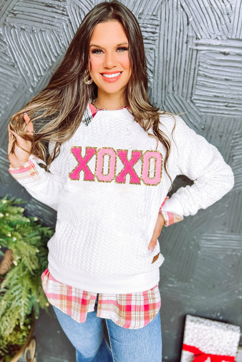 White Lucky Letter Patch Quilted Sweatshirt