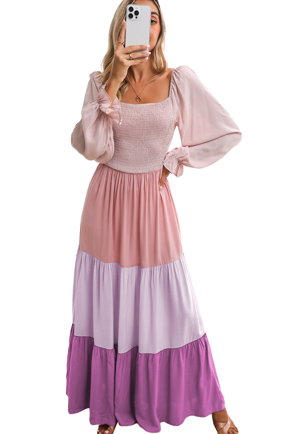 Multicolor Smocked Square Neck Tiered Maxi Dress