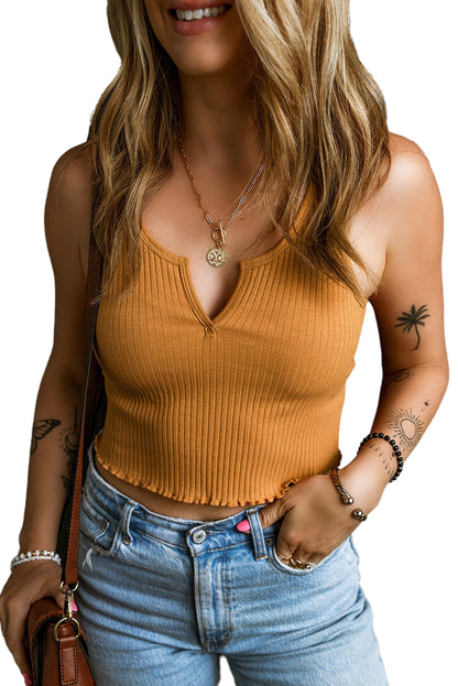 Russet Orange Ribbed Notched Neck Frilled Hem Crop Tank Top