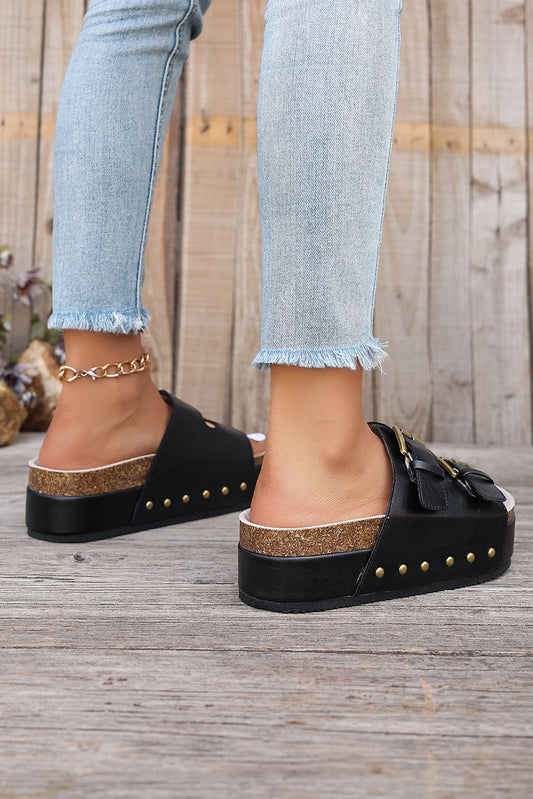 Black Dual Buckle Studded Platform Slides Shoes