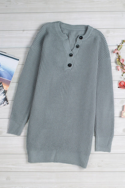 Grey Button Notched Neck Drop Shoulder Waffle Knit Sweater Dress