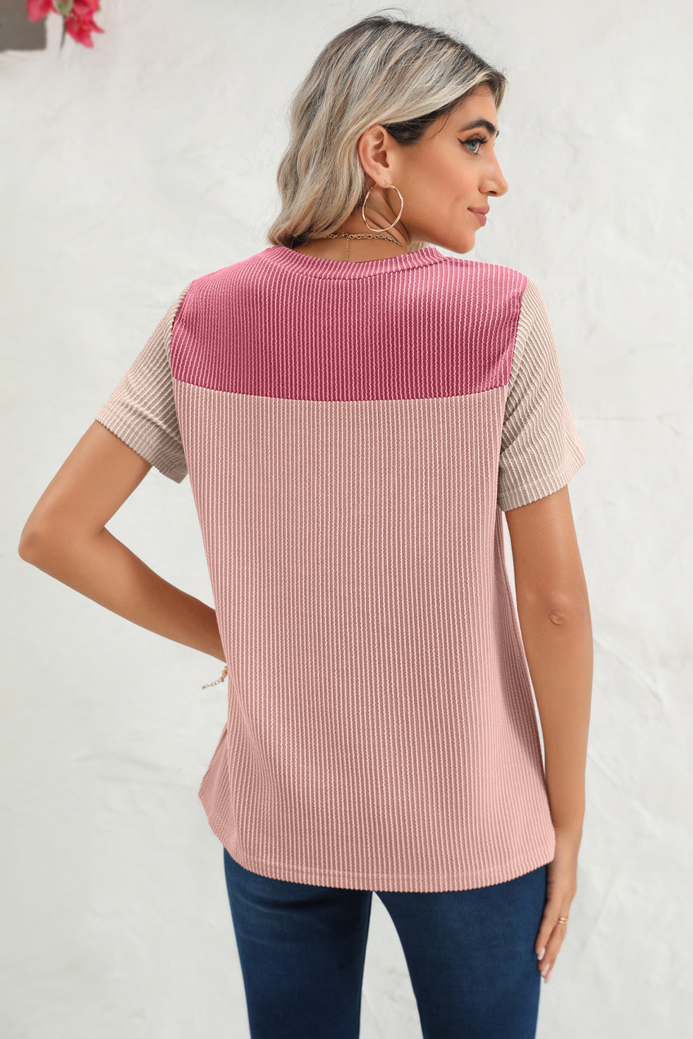 Light Blue Rib Textured Colorblock Round Neck T Shirt