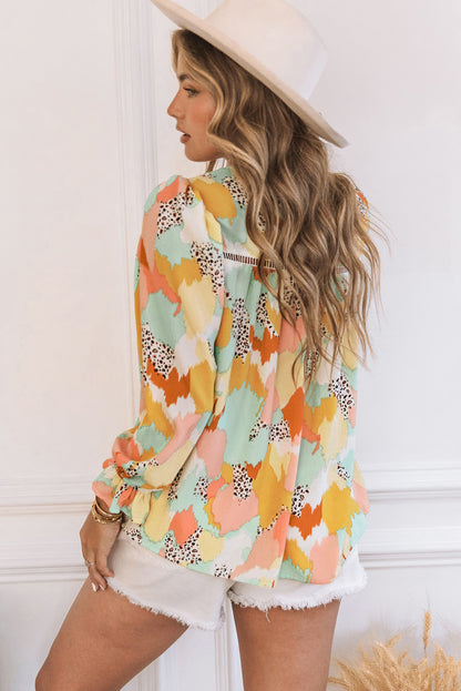 Multicolor Abstract Print Boho Frill Long Sleeve Blouse