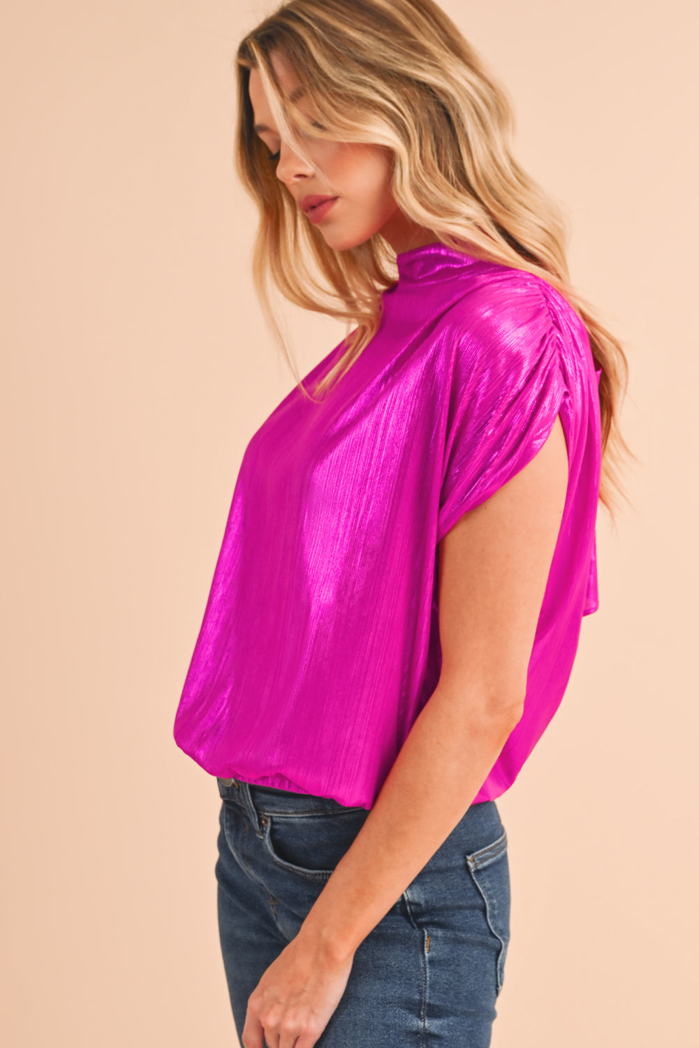 Bright Pink Ruched Sleeves Knotted Backless Blouse