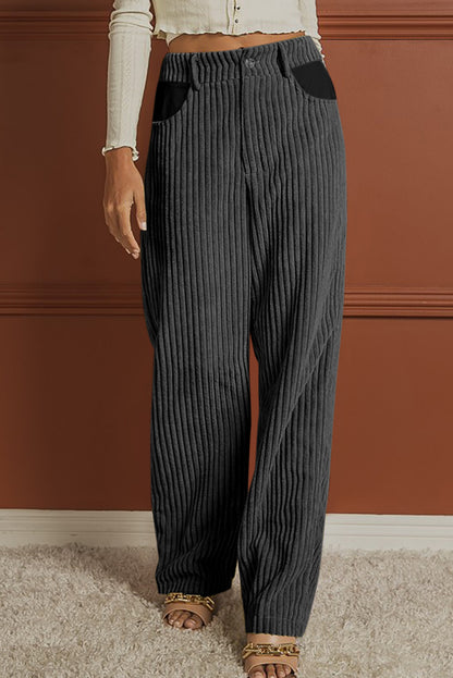 Grey Corduroy High Waisted Wide Leg Pants for Women