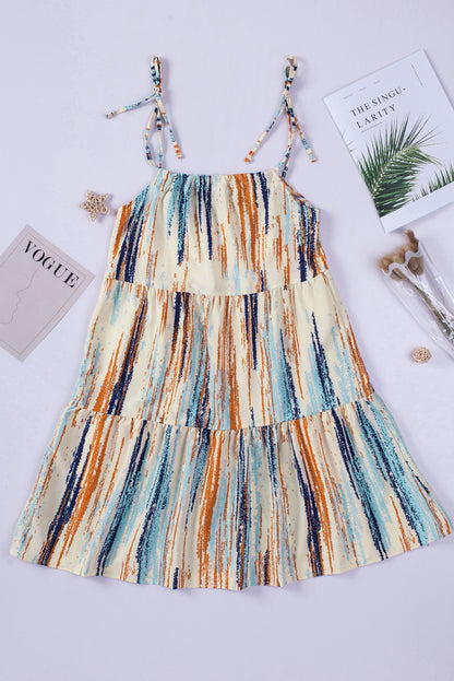 Multicolor Abstract Print Tie Shoulder Spaghetti Strap Tiered Dress