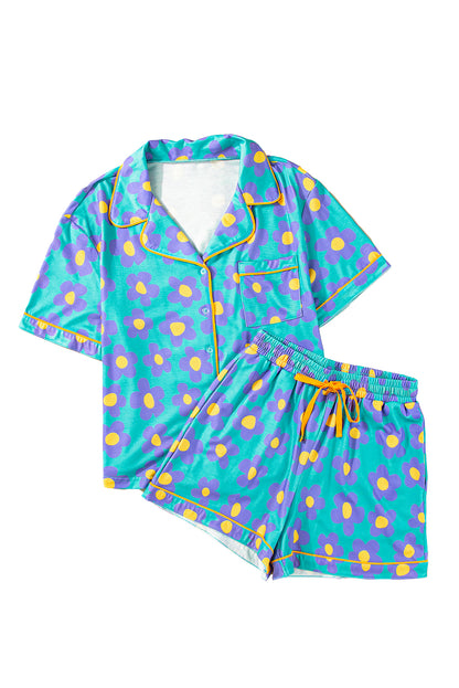 Green Flower Print Buttoned Shirt and Drawstring Waist Pajama Set