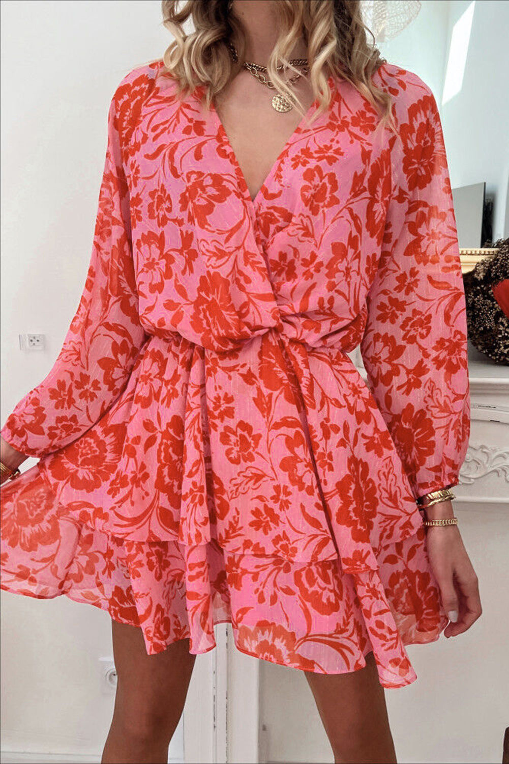 Red Floral Print Wrap V Neck Long Sleeve Boho Dress