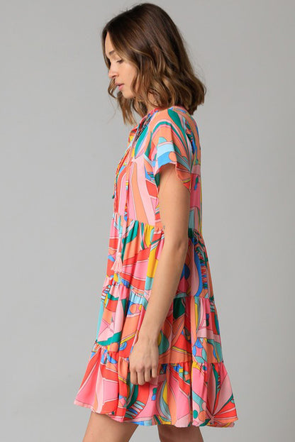 Pink Abstract Print Split V Neck Short Sleeve Tiered Dress