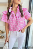 Pink Vintage Floral Ruffled Split Neck Layered Sleeve Blouse