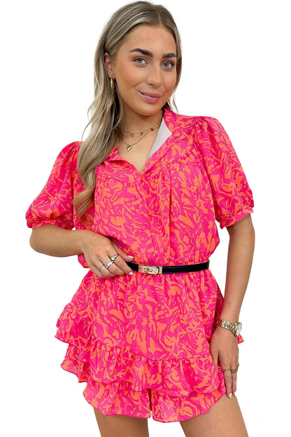 Rose Abstract Print Puff Sleeve Layered Ruffle Mini Dress