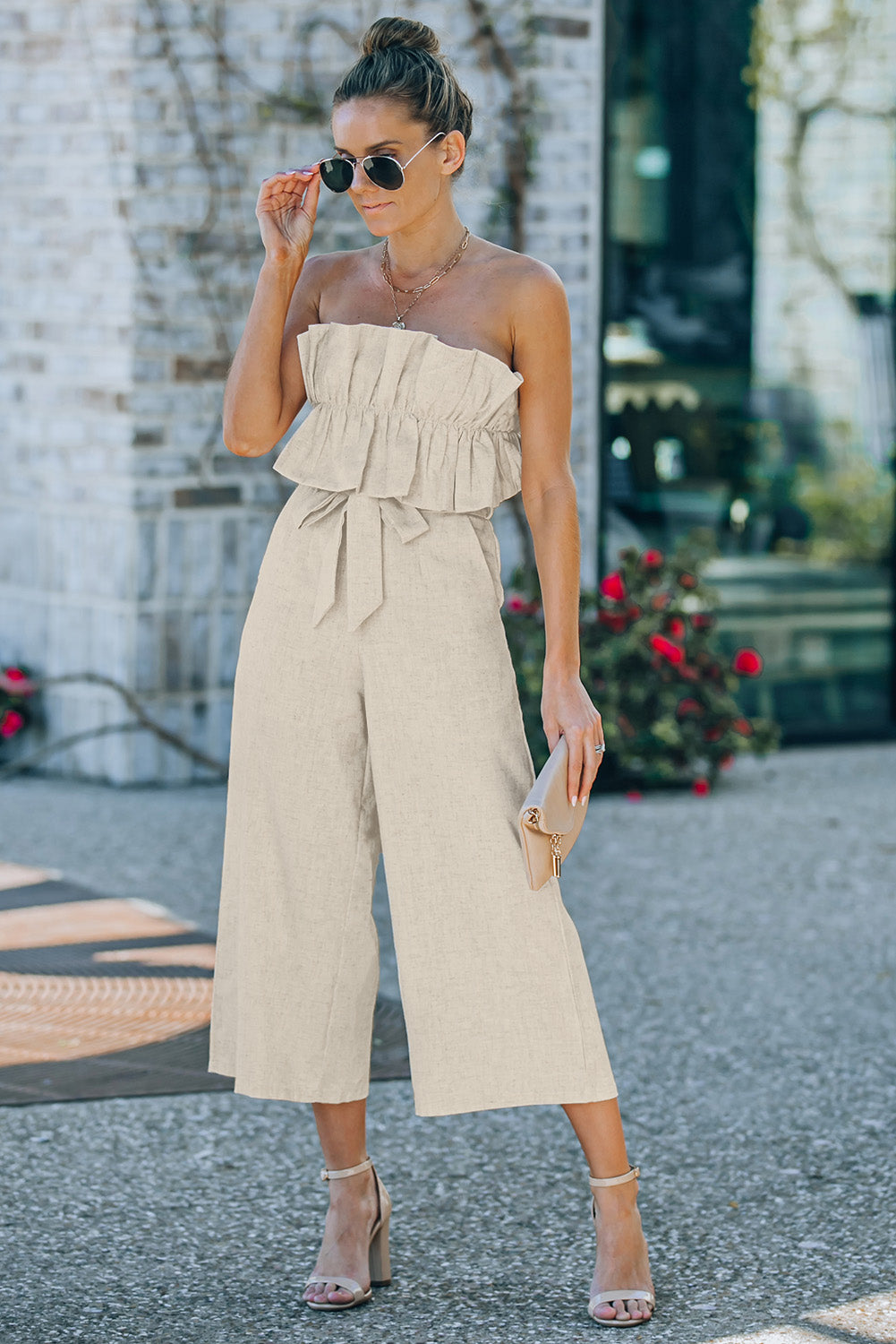 Beige Elegant Ruffled Strapless Wide Leg Jumpsuit