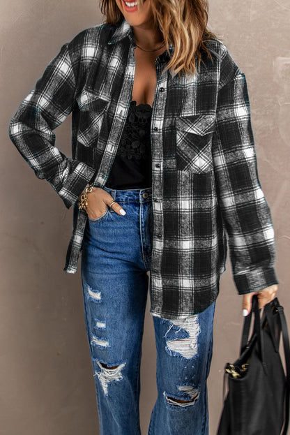 Wholesale Black Button Up Collared Plaid Shacket