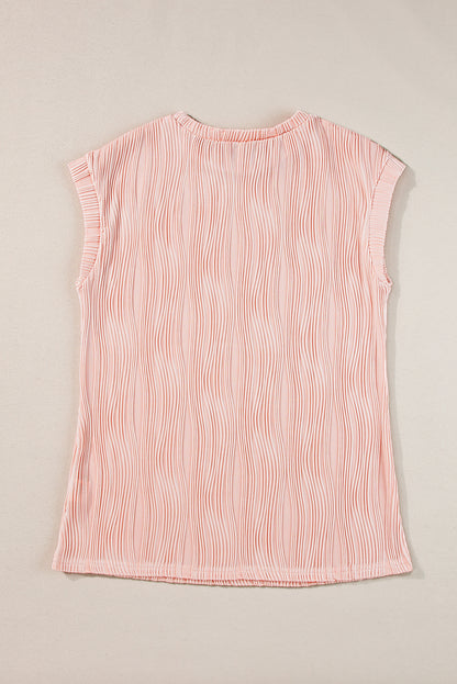 Pink Solid Color Wavy Textured Cap Sleeve Top