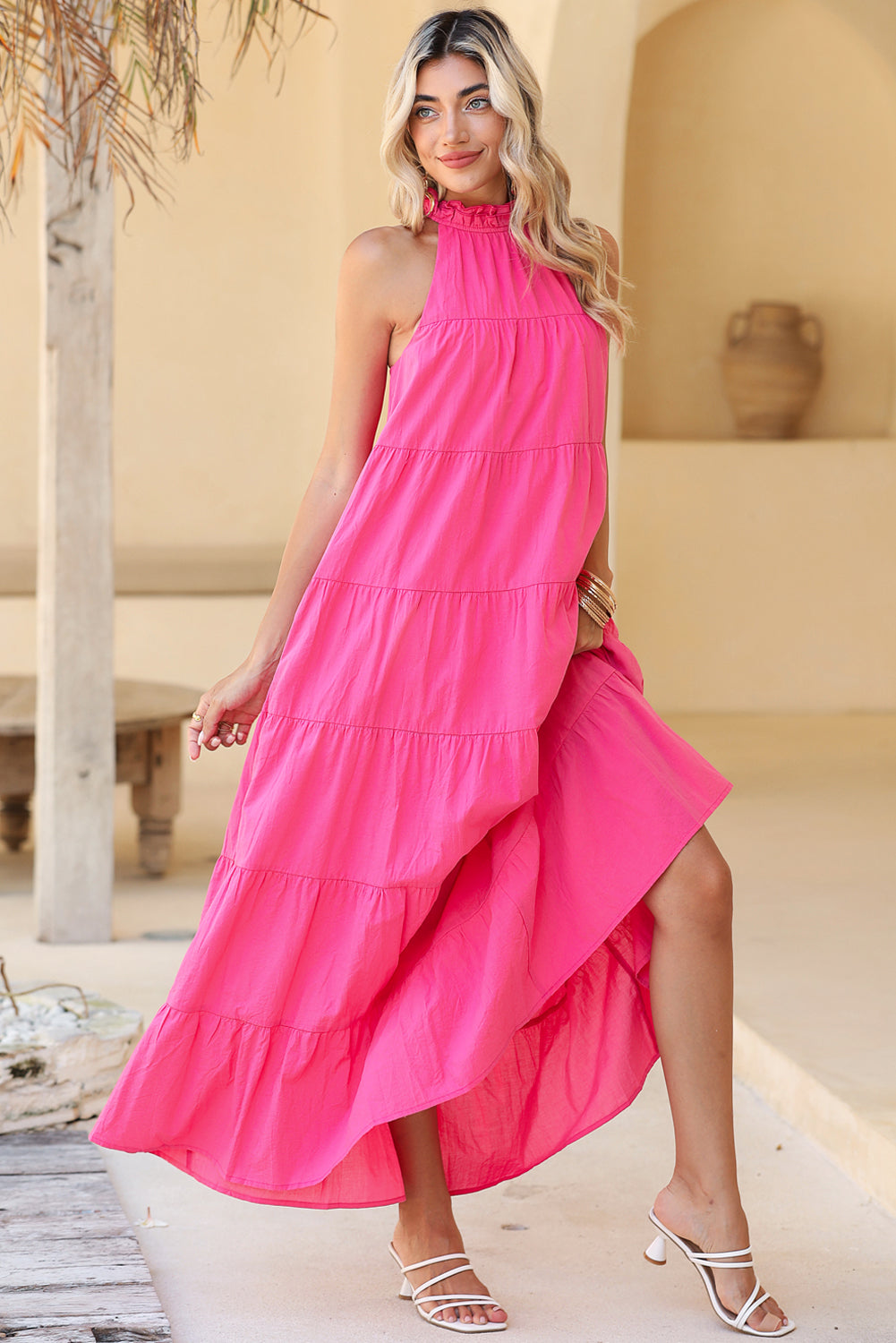 Rose Red Knotted Frill Neck Tiered Flared Maxi Dress