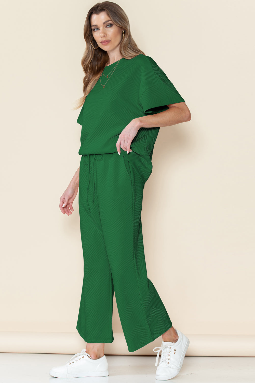 Dark Green Textured Loose Fit T Shirt and Drawstring Pants Set