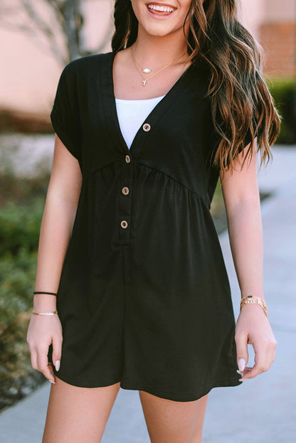 Black V Neck Buttons Loose Cuffed Short Sleeve Romper