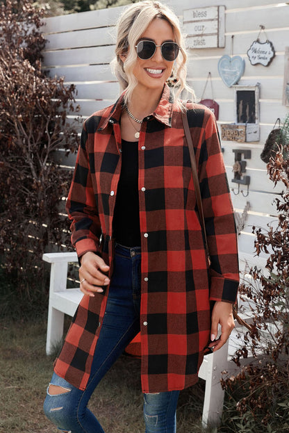 Red Plaid Collared Button Down Long Shirt Shacket