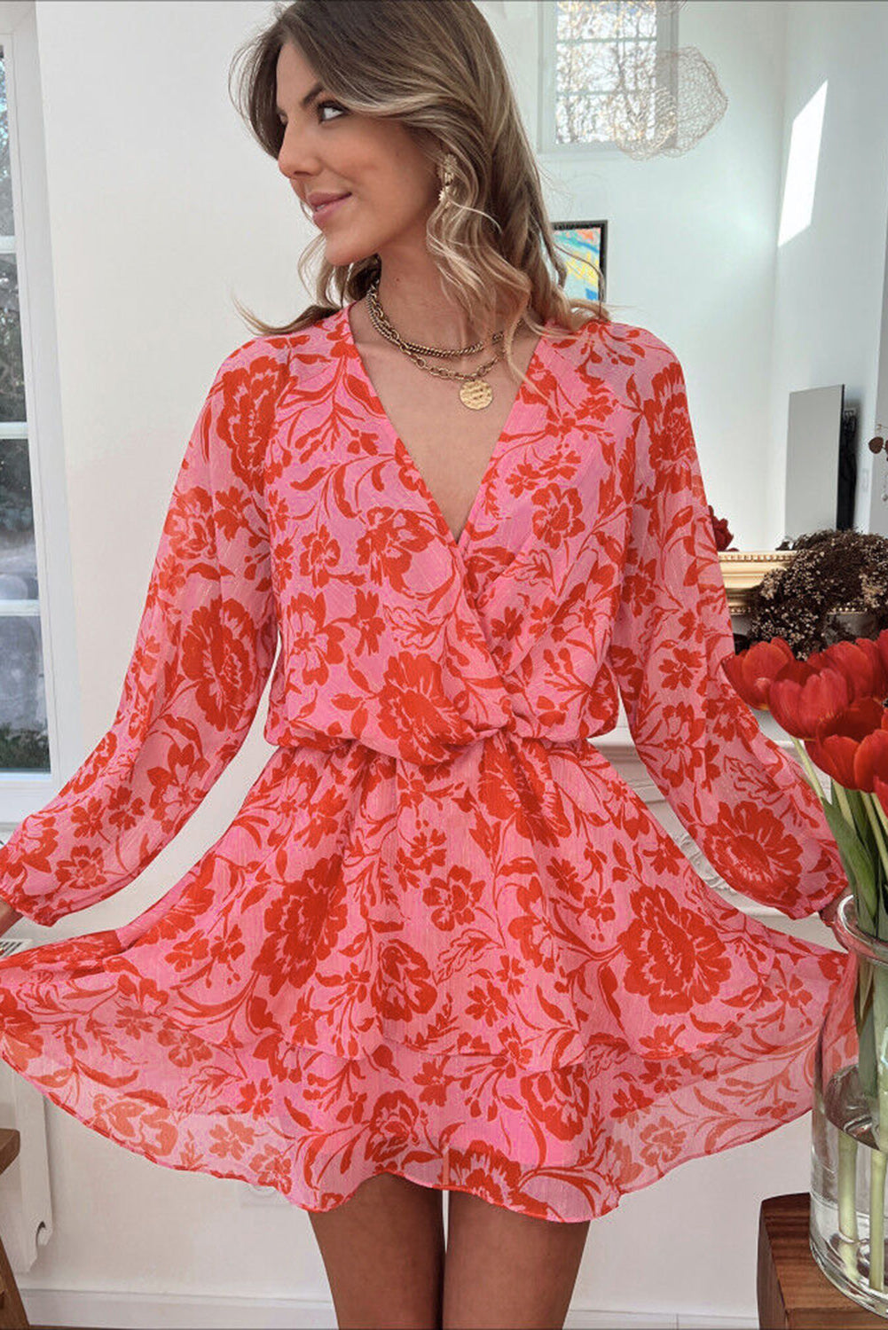 Red Floral Print Wrap V Neck Long Sleeve Boho Dress