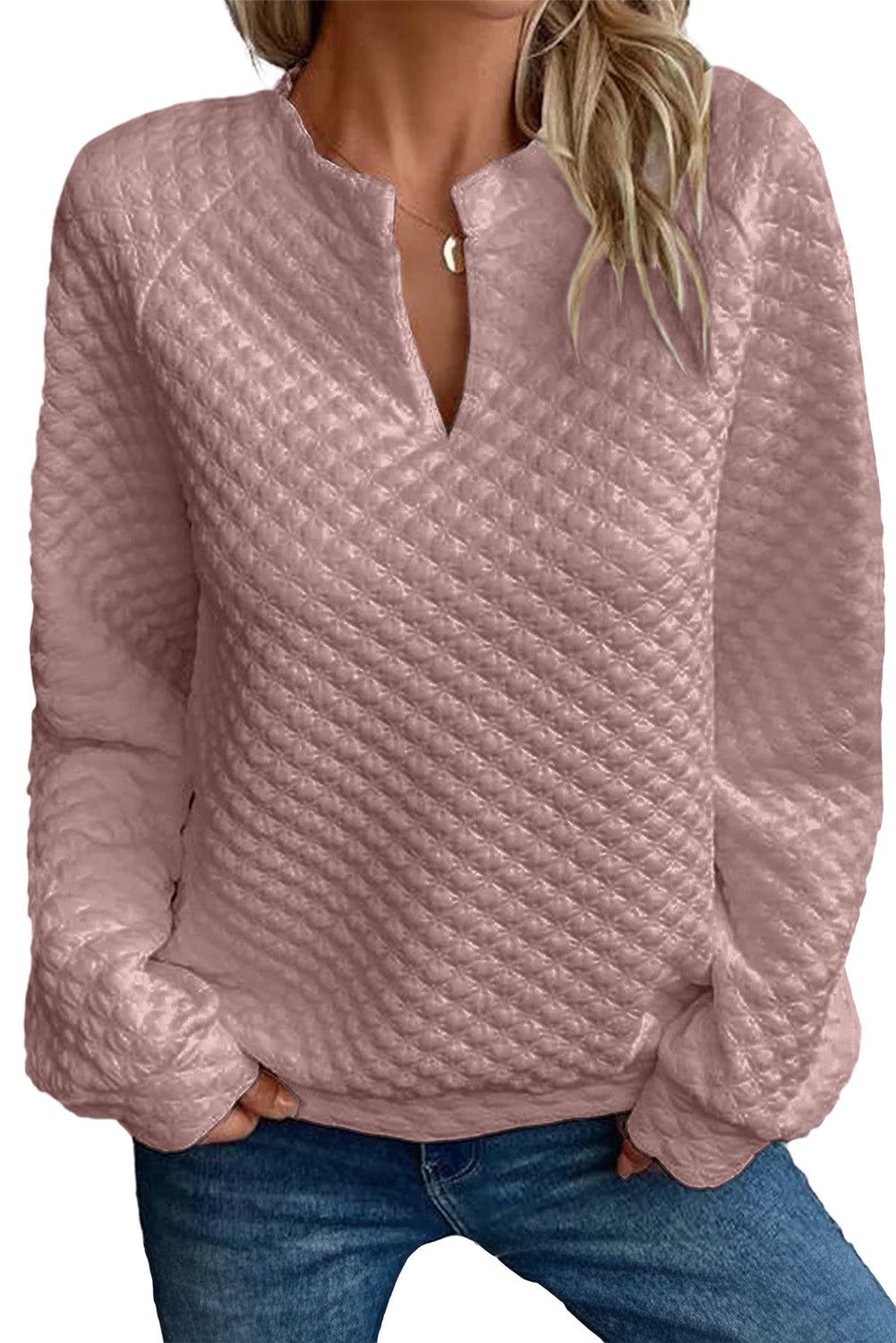 Black Quilted V-Neck Solid Color Long Sleeve Top