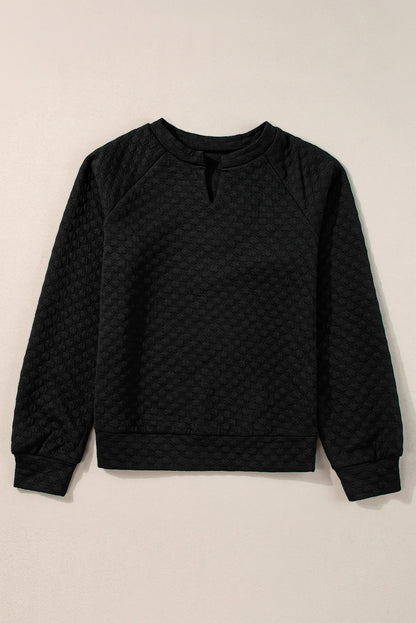 Black Quilted V-Neck Solid Color Long Sleeve Top