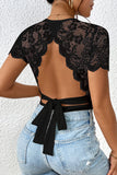 Black Lace Patchwork Backless Scallop Trim Bodysuit