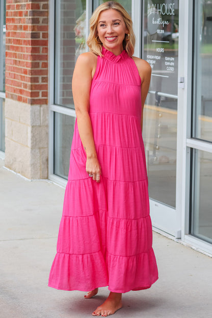 Rose Red Knotted Frill Neck Tiered Flared Maxi Dress