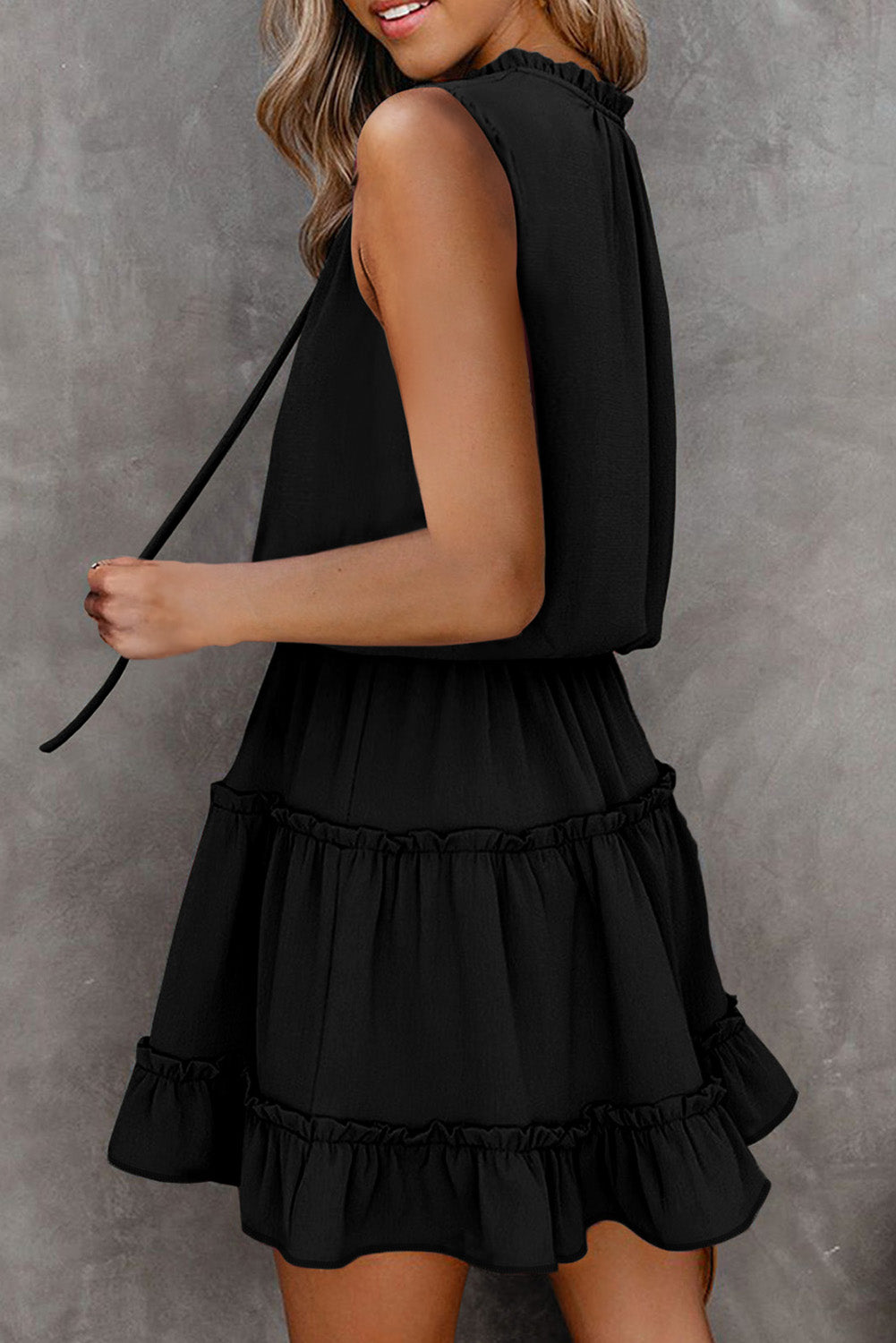 Black Reversible Frill V Neck Sleeveless Swing Mini Dress