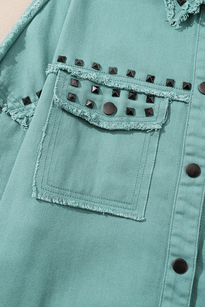 Green Frayed Trim Vintage Rivet Denim Jacket