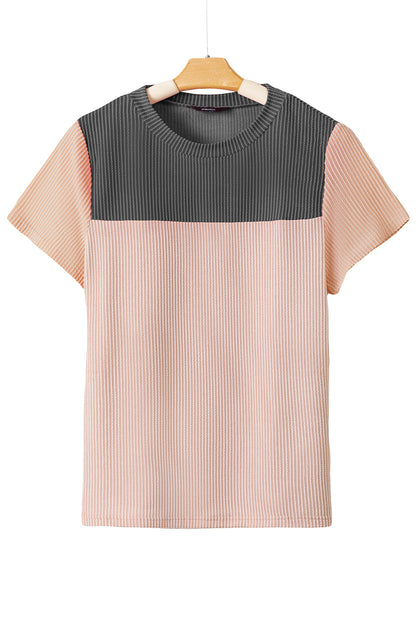 Light Blue Rib Textured Colorblock Round Neck T Shirt