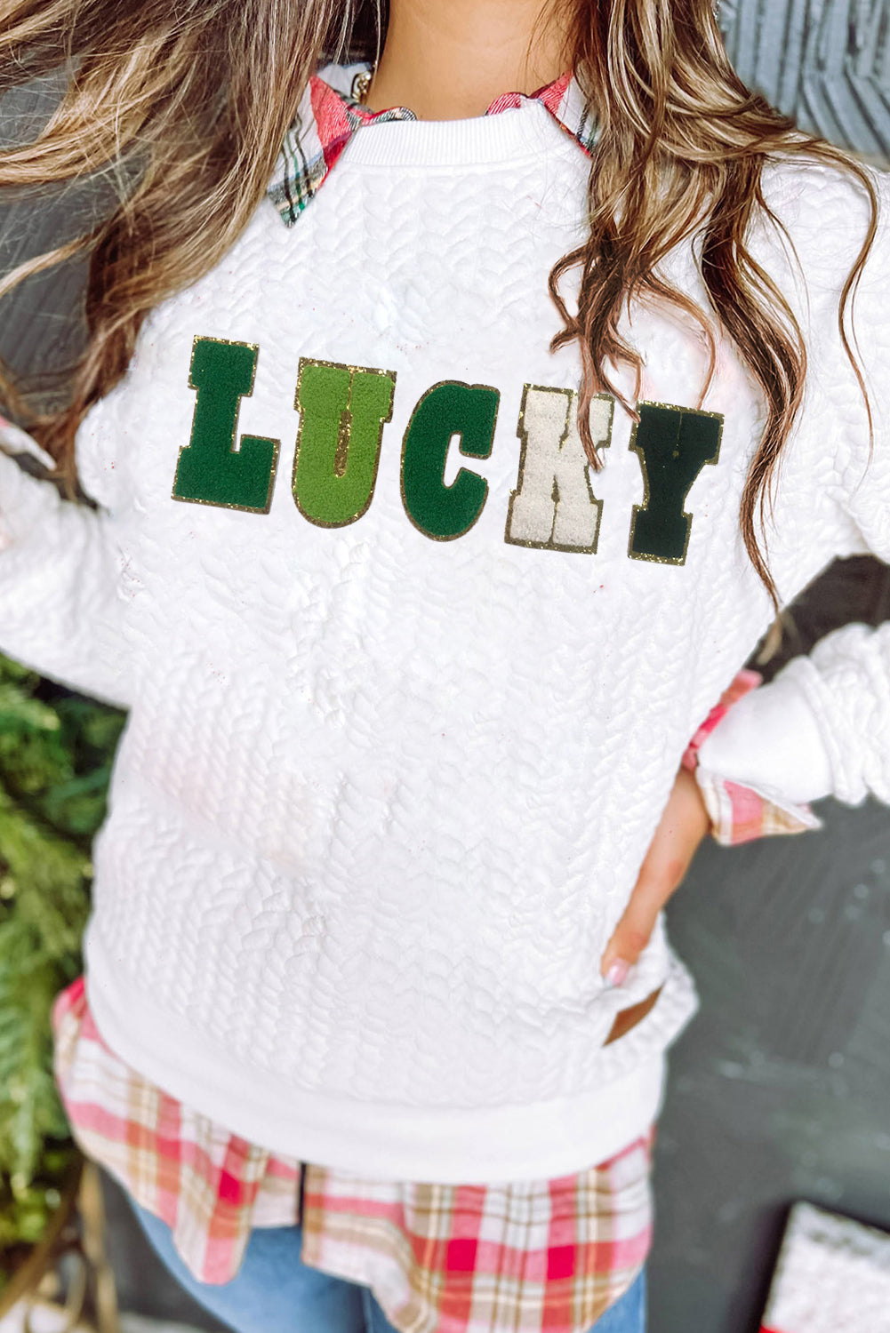 White Lucky Letter Patch Quilted Sweatshirt