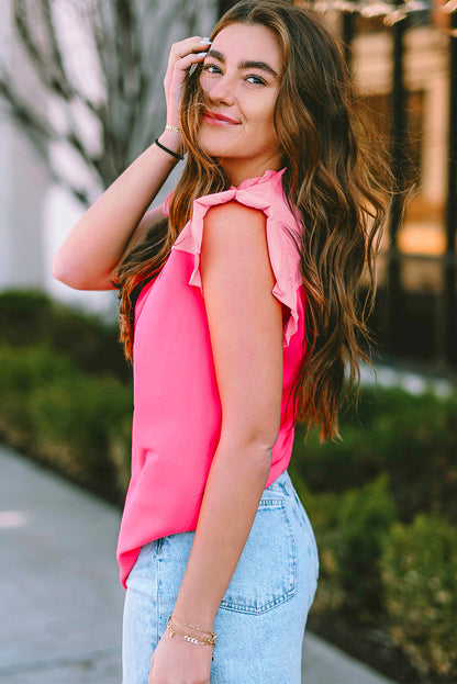 Orange Colorblock Splicing Pleated Ruffle Trim Blouse