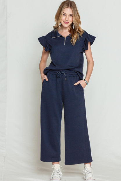 Navy Blue Textured Ruffle Cap Sleeve Top And Wide Leg Pants Set