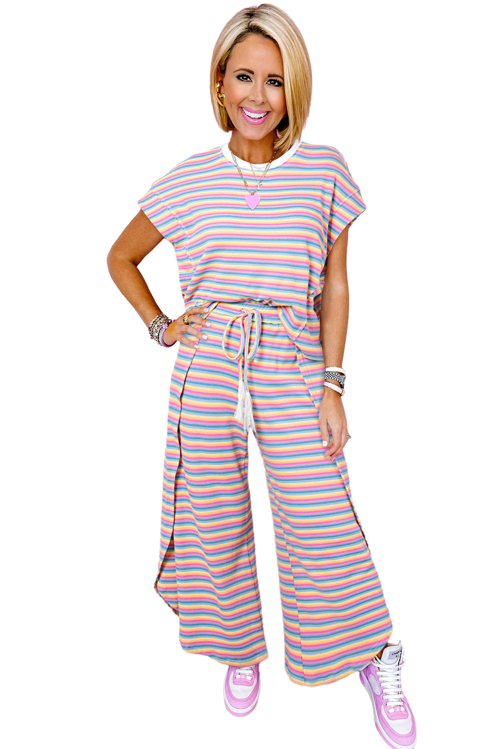 Yellow Stripe Rainbow Tee and Tassel Drawstring Wide Leg Pants Set