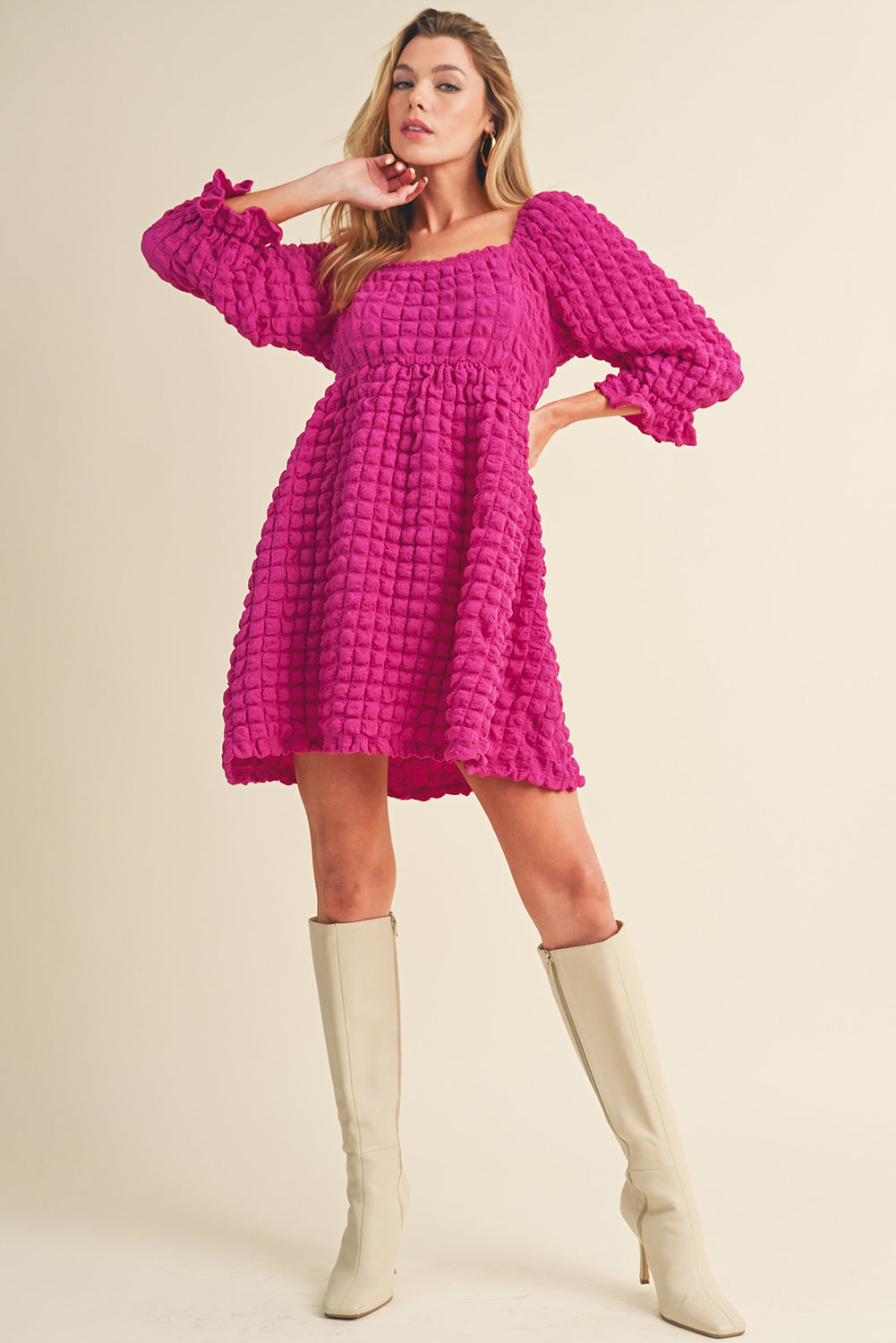 Strawberry Pink Bubble Textured Square Neck Babydoll Dress