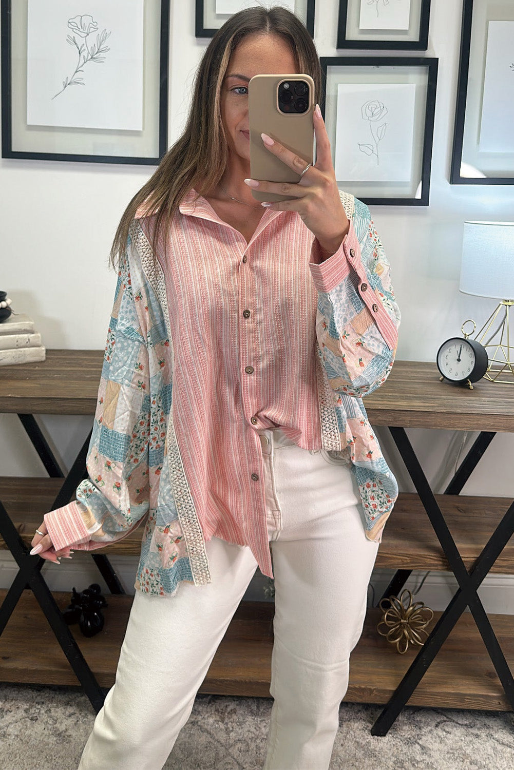 Pink Stripe Floral Patchwork Loose Fit Shirt