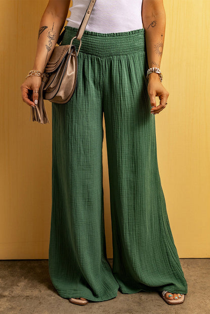 Green Crinkled Smocked High Waist Wide Leg Pants