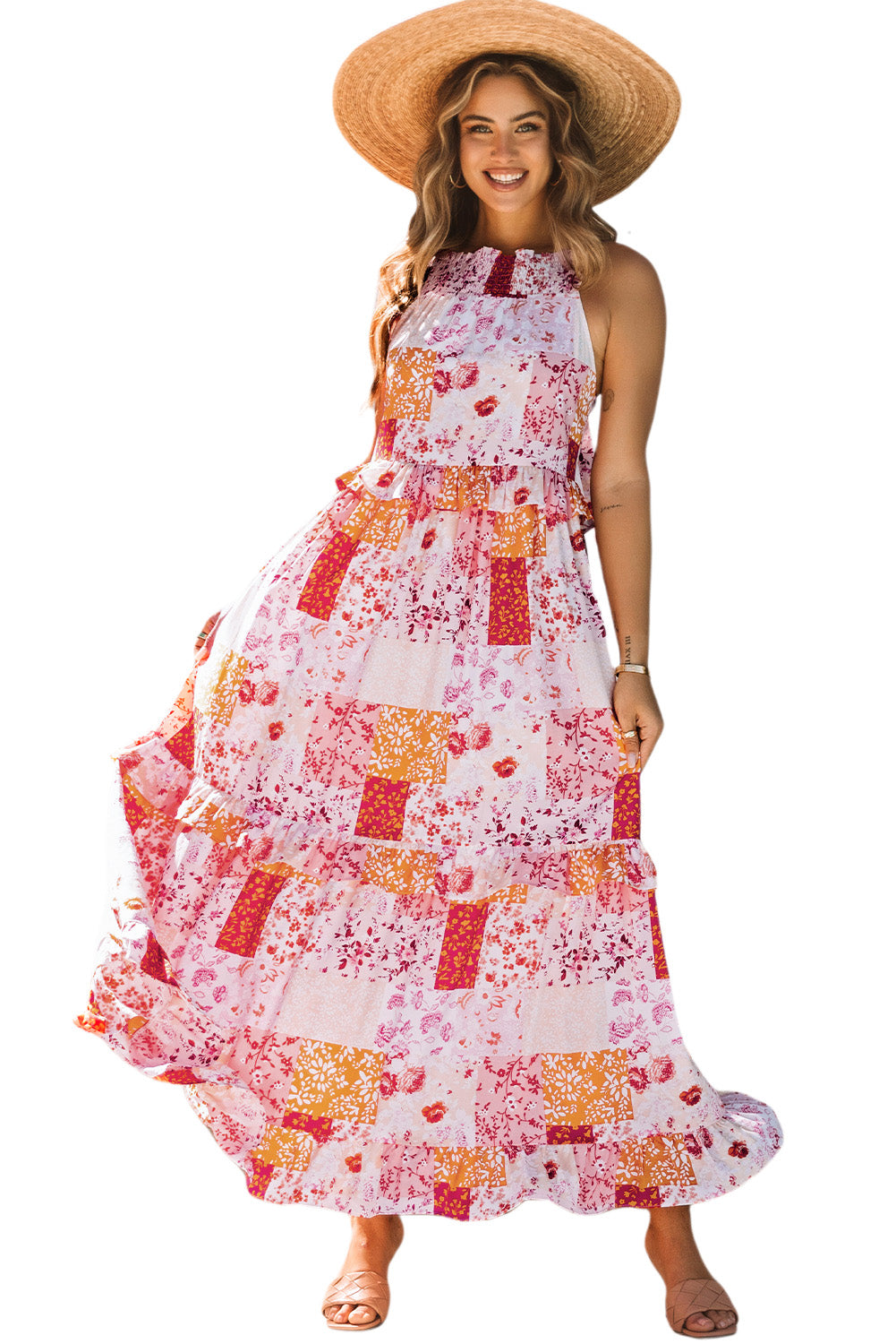 Multicolor Floral Print Sleeveless Tiered Ruffle Trim Sundress