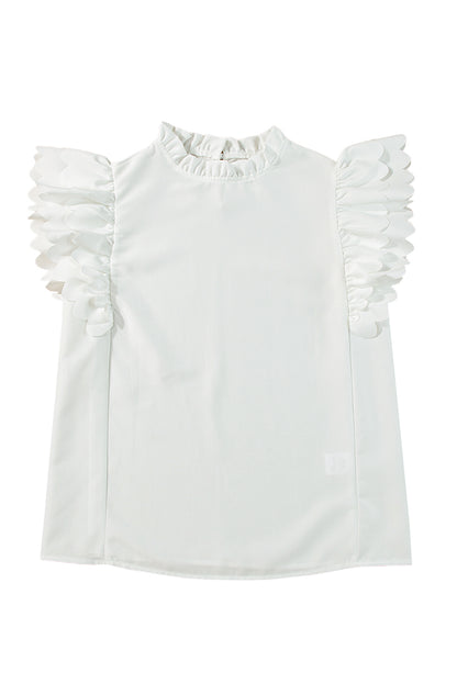 White Solid Color Scalloped Ruffle Sleeve Blouse