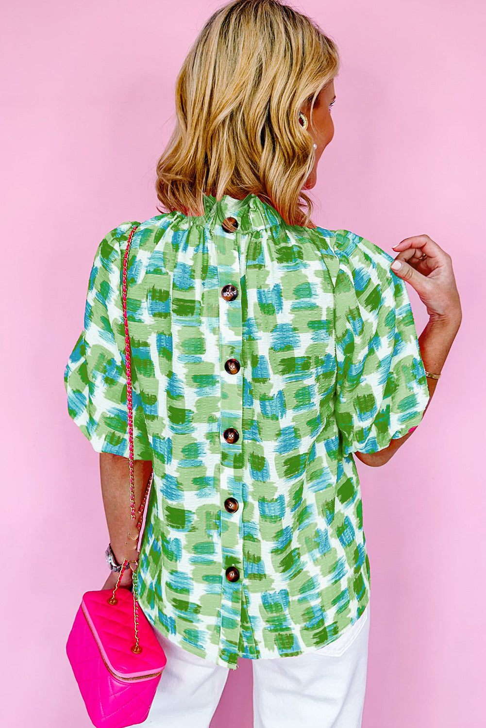 Green Abstract Print Button Back Frill Neck Blouse