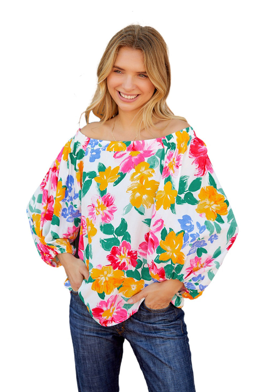 Watercolor Bohemian Flower Print Off Shoulder Blouse