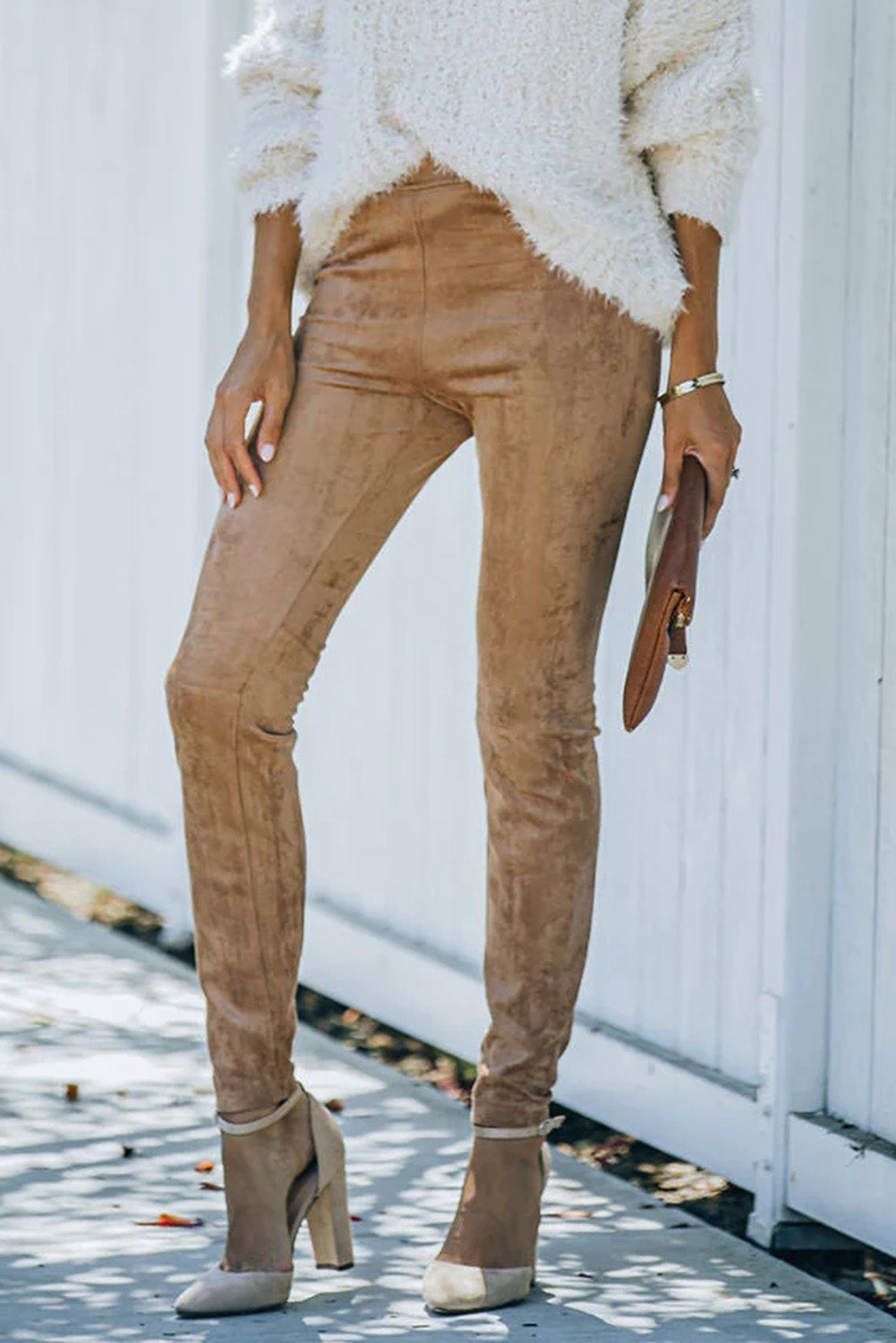 Khaki Mid Rise Faux Suede Skinny Leggings