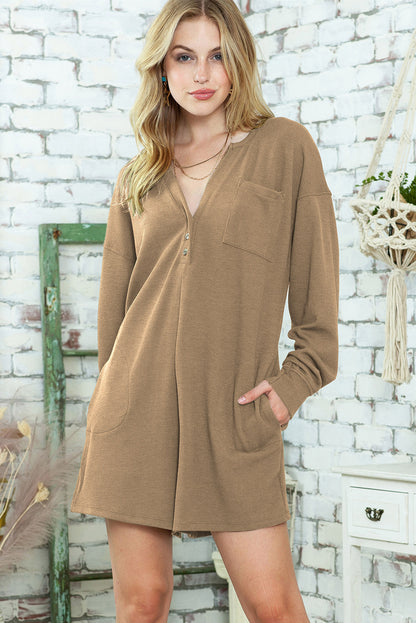 Black Casual Henley Button V Neck Pocketed Romper