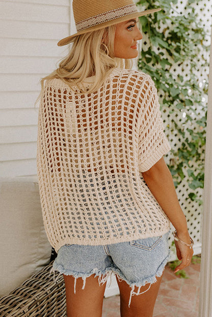 Apricot Fishnet Knit Ribbed Round Neck Short Sleeve Tee