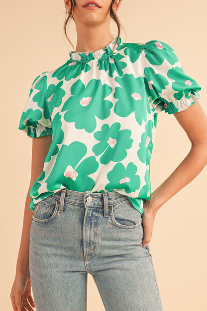 Rose Floral Puff Sleeve Frill Neckline Blouse