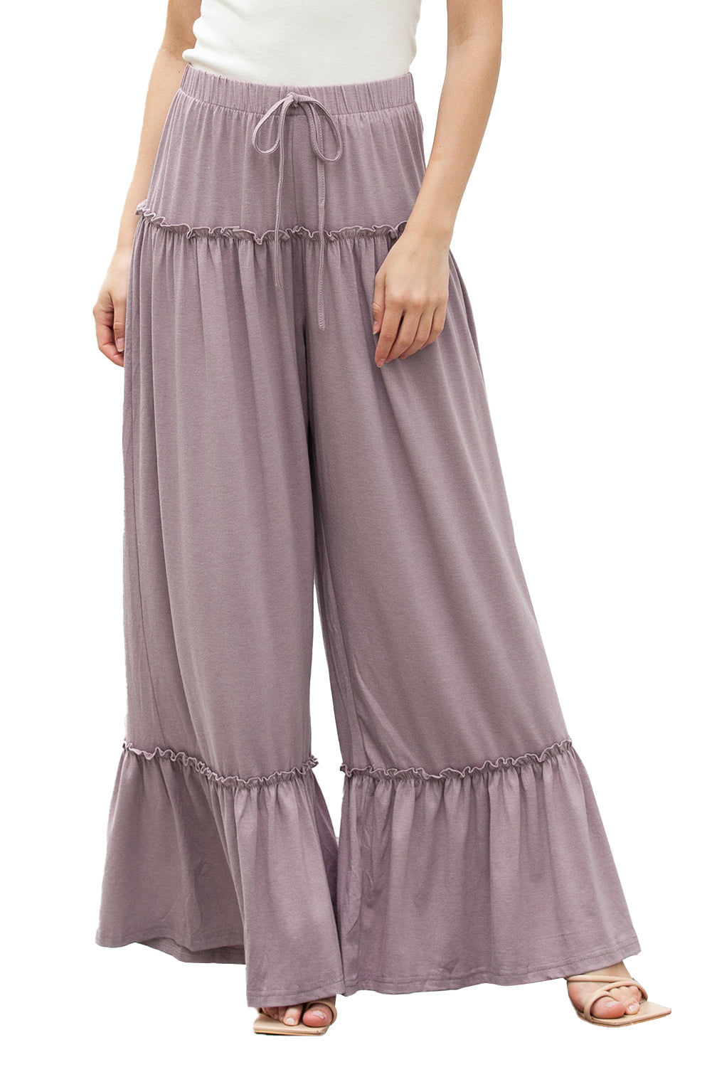 Khaki Frill Detail Drawstring High Waist Wide Leg Pants