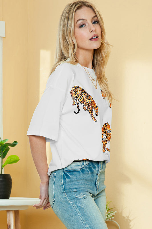 White Animal Print Round Neck T Shirt