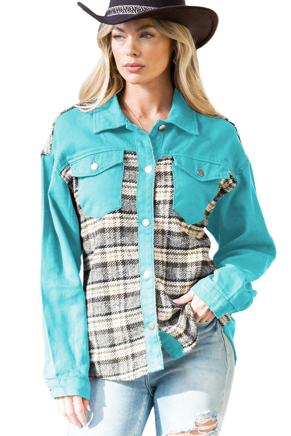 Sky Blue Plaid Patchwork Pockets Denim Jacket