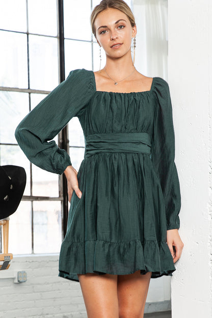 Green Solid Color Flounce Hem A -Line Square Neck Dress